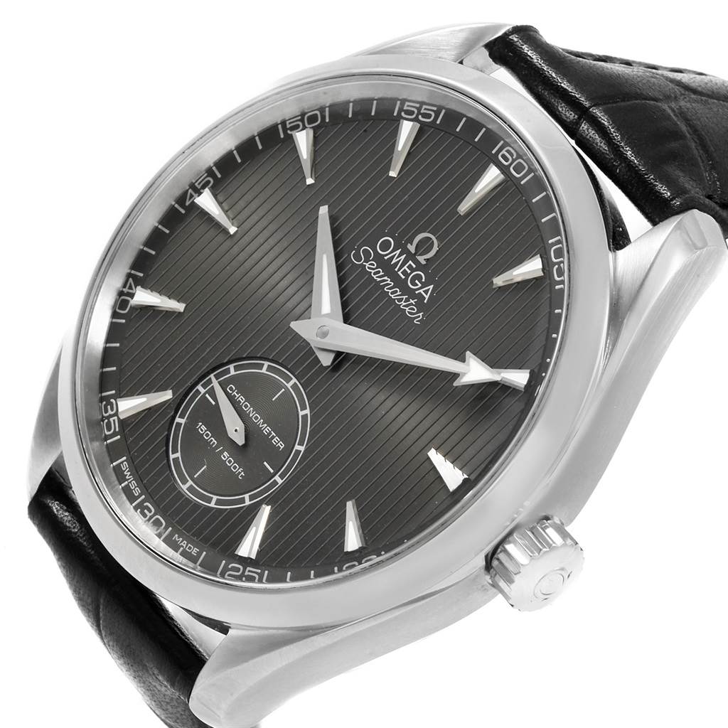 This image shows a close-up, angled view of the Omega Aqua Terra 231.13.49.10.06.001 Men's Stainless Steel Grey Dial 231.13.49.10.06.001 Men's Stainless Steel Grey Dial watch face, crown, and part of the leather strap.