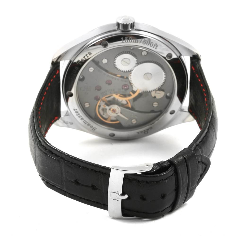 The image shows the back view of an Omega Aqua Terra 231.13.49.10.06.001 Men's Stainless Steel Grey Dial 231.13.49.10.06.001 Men's Stainless Steel Grey Dial watch, highlighting the movement and leather strap.