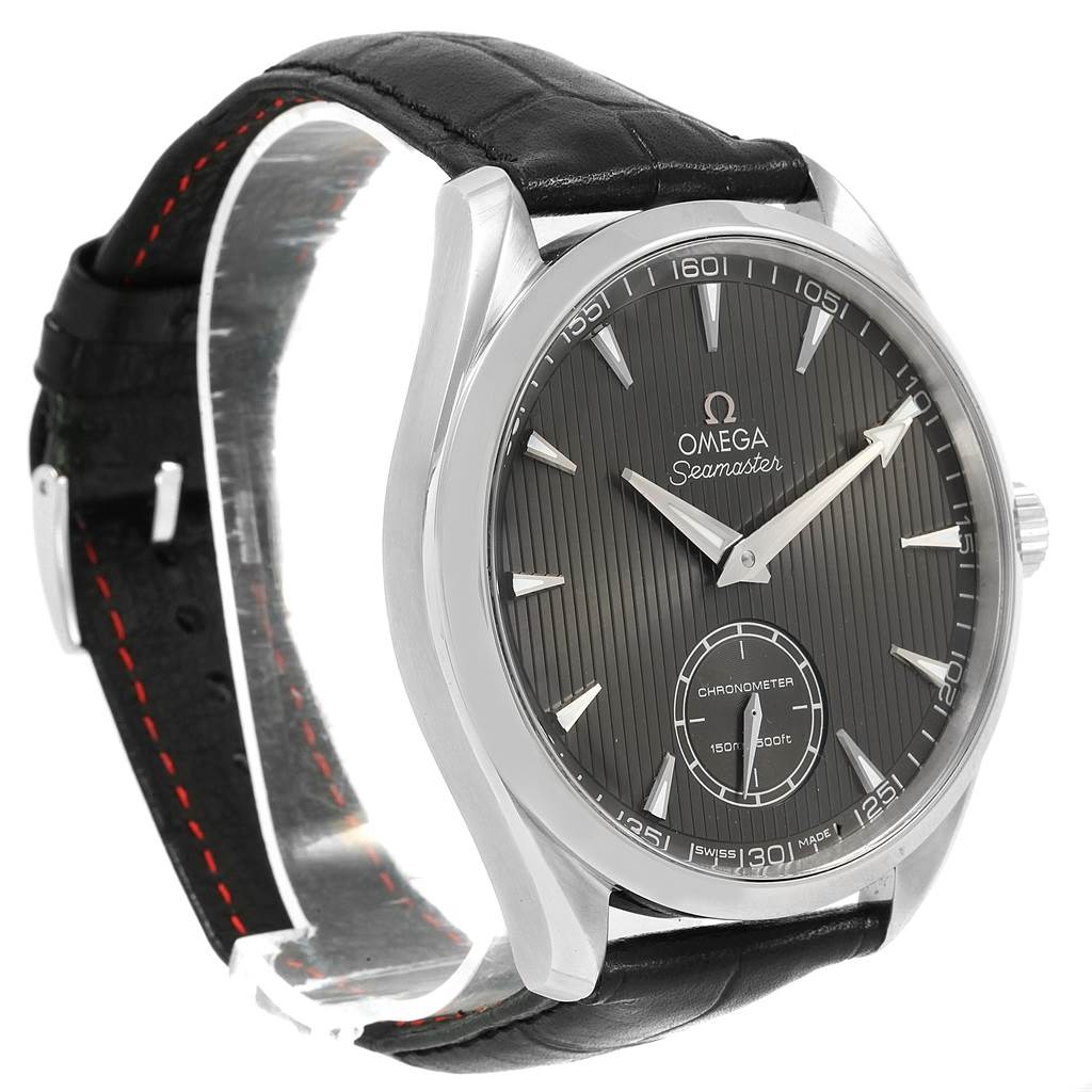 This Omega Aqua Terra 231.13.49.10.06.001 Men's Stainless Steel Grey Dial 231.13.49.10.06.001 Men's Stainless Steel Grey Dial watch is shown at a side angle, highlighting its face, bezel, hands, and strap.