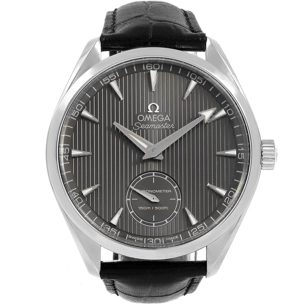 The image shows a front view of the Omega Seamaster Aqua Terra watch, highlighting its dial, hands, and black leather strap.