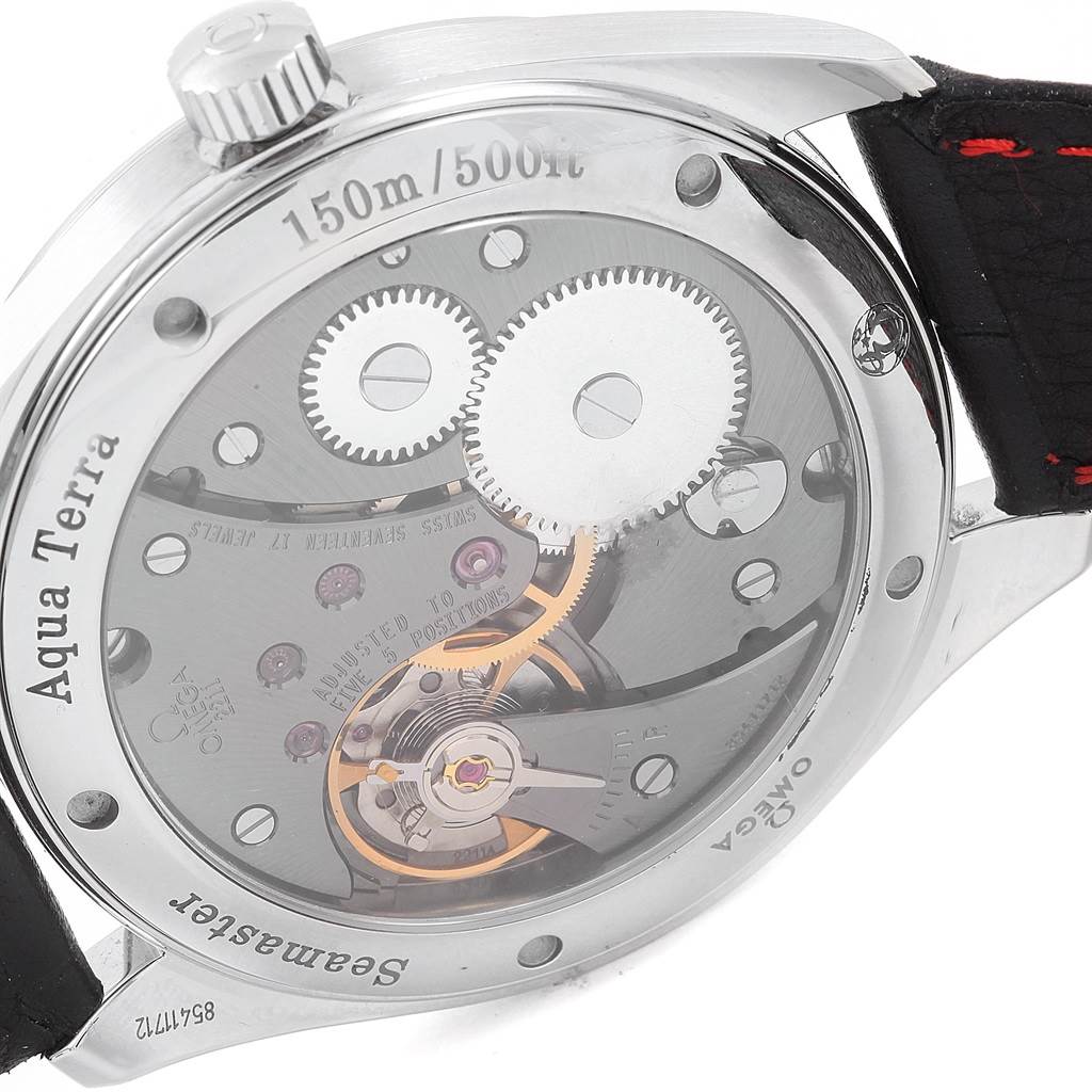 This image shows the back view of the Omega Aqua Terra 231.13.49.10.06.001 Men's Stainless Steel Grey Dial 231.13.49.10.06.001 Men's Stainless Steel Grey Dial watch, highlighting its internal mechanism.