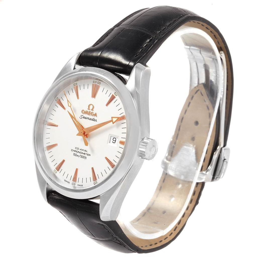 The Omega Aqua Terra 2503.34.00 Men
s Stainless Steel Silver Dial 2503.34.00 Men
s Stainless Steel Silver Dial watch is shown at a three-quarter angle highlighting its face, hands, date window, and black leather strap.