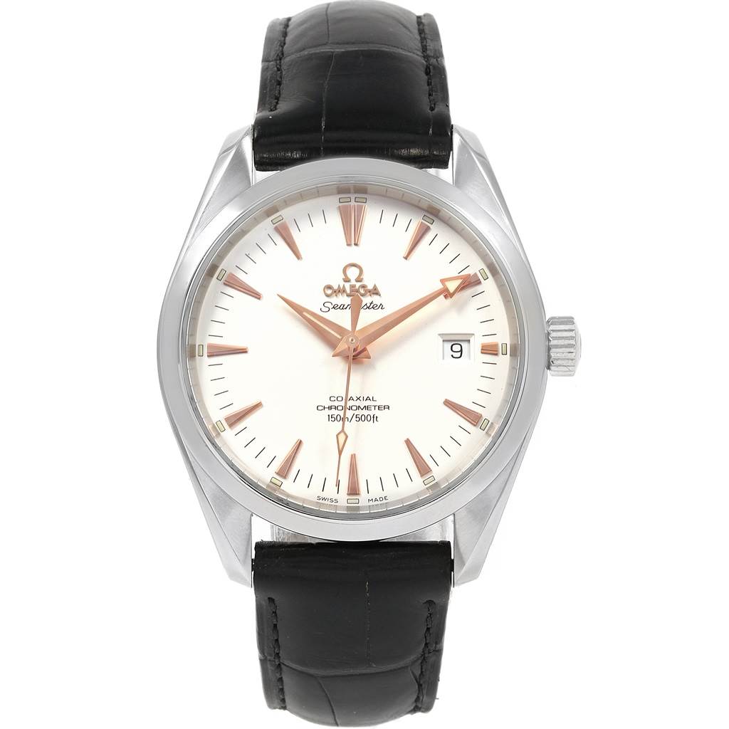 The Omega Aqua Terra 2503.34.00 Men
s Stainless Steel Silver Dial 2503.34.00 Men
s Stainless Steel Silver Dial watch is shown from a front angle, displaying the face, bezel, crown, and leather strap.