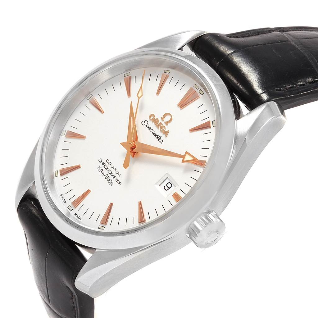 This Omega Aqua Terra 2503.34.00 Men
s Stainless Steel Silver Dial 2503.34.00 Men
s Stainless Steel Silver Dial watch is shown from an angled side view, featuring the face, dial, hands, crown, and a portion of the leather strap.