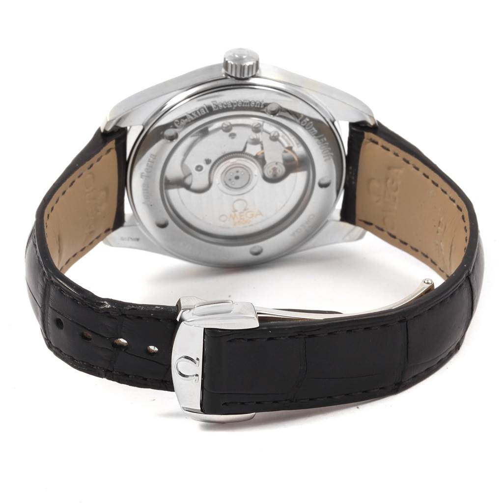 This image shows the back view of an Omega Aqua Terra 2503.34.00 Men
s Stainless Steel Silver Dial 2503.34.00 Men
s Stainless Steel Silver Dial watch, highlighting its transparent case back and black leather strap.