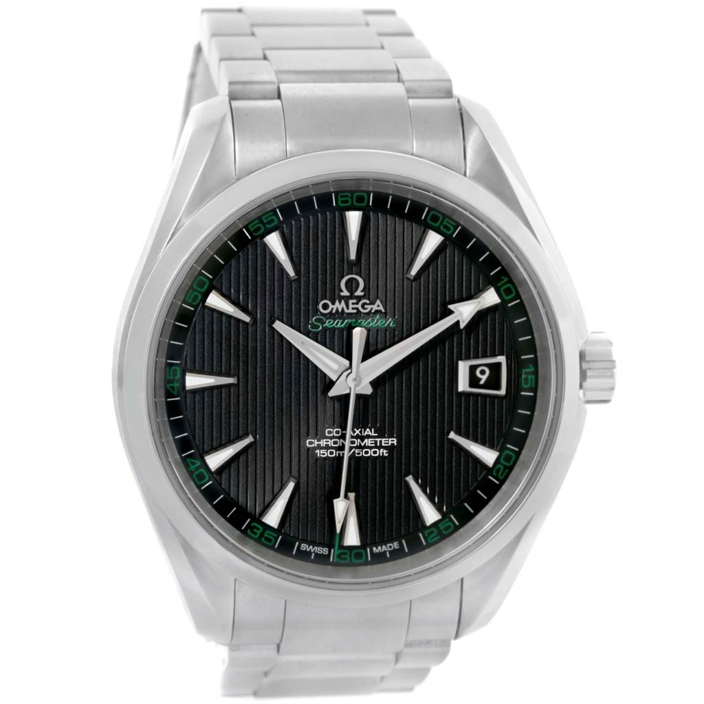 The Omega Aqua Terra 231.10.42.21.01.001 Men
s Stainless Steel Black Dial 231.10.42.21.01.001 Men
s Stainless Steel Black Dial watch is shown from the front, highlighting its face, hands, and metal bracelet.