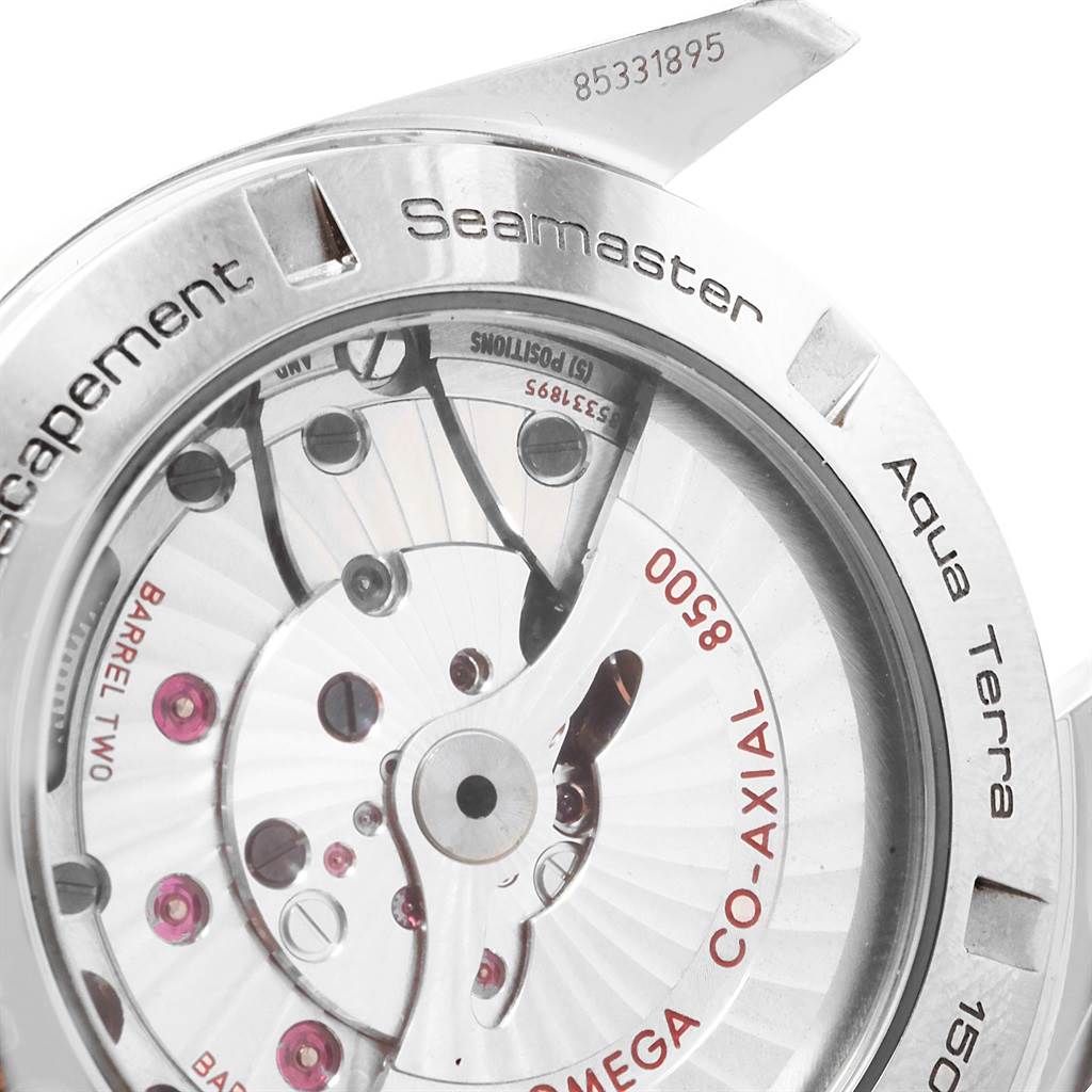 This close-up image shows the movement and back casing of the Omega Aqua Terra 231.10.42.21.01.001 Men
s Stainless Steel Black Dial 231.10.42.21.01.001 Men
s Stainless Steel Black Dial watch model.