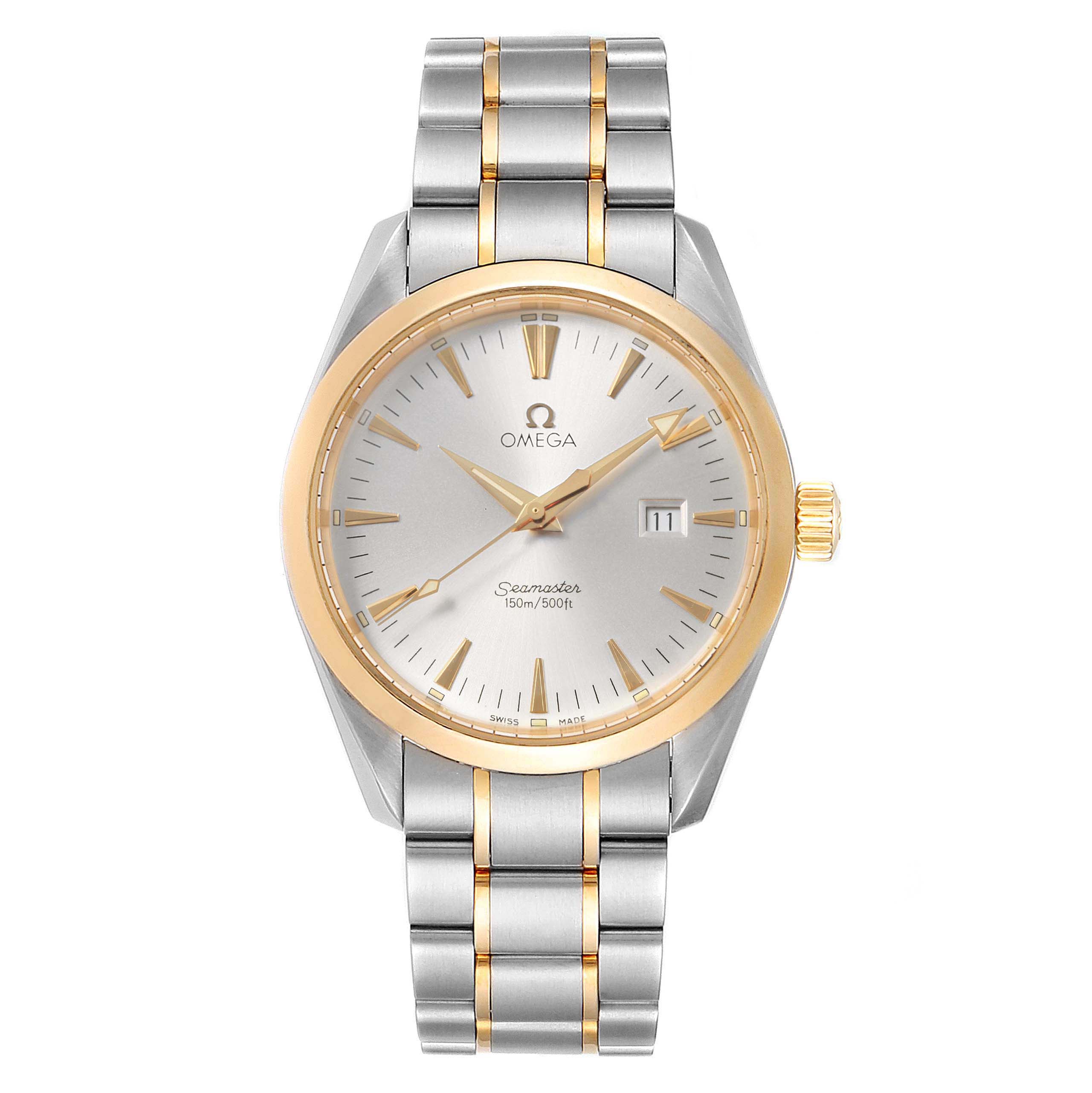 The image shows a front view of the Omega Aqua Terra 2317.30.00 Men's Steel and Gold (two tone) Silver Dial 2317.30.00 Men's Steel and Gold (two tone) Silver Dial model, highlighting the dial, bezel, hands, date window, and the bracelet.