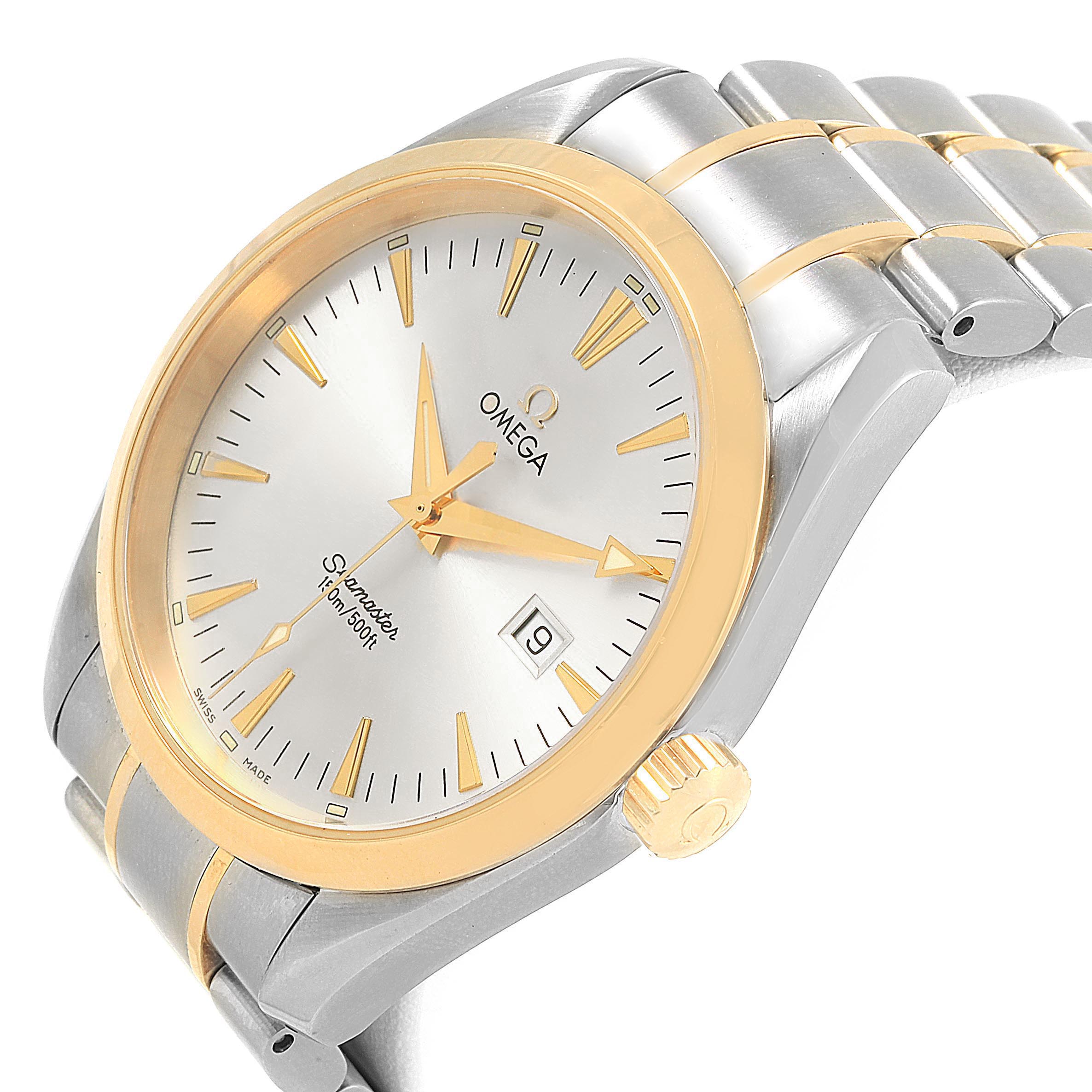 The Omega Aqua Terra 2317.30.00 Men's Steel and Gold (two tone) Silver Dial 2317.30.00 Men's Steel and Gold (two tone) Silver Dial watch is shown at an angled view, displaying the face, bezel, crown, and part of the bracelet.