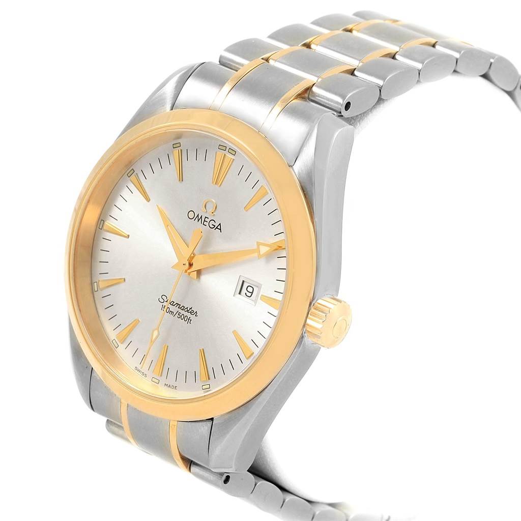 The Omega Aqua Terra 2318.30.00 Men
s Steel and Gold (two tone) Silver Dial 2318.30.00 Men
s Steel and Gold (two tone) Silver Dial watch is shown at a 3/4 angle, displaying its face, crown, and part of the bracelet.