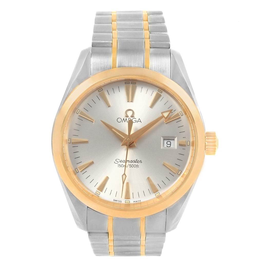 The image shows a front view of the Omega Aqua Terra 2318.30.00 Men
s Steel and Gold (two tone) Silver Dial 2318.30.00 Men
s Steel and Gold (two tone) Silver Dial watch, displaying its face, dial, bezel, and bracelet.
