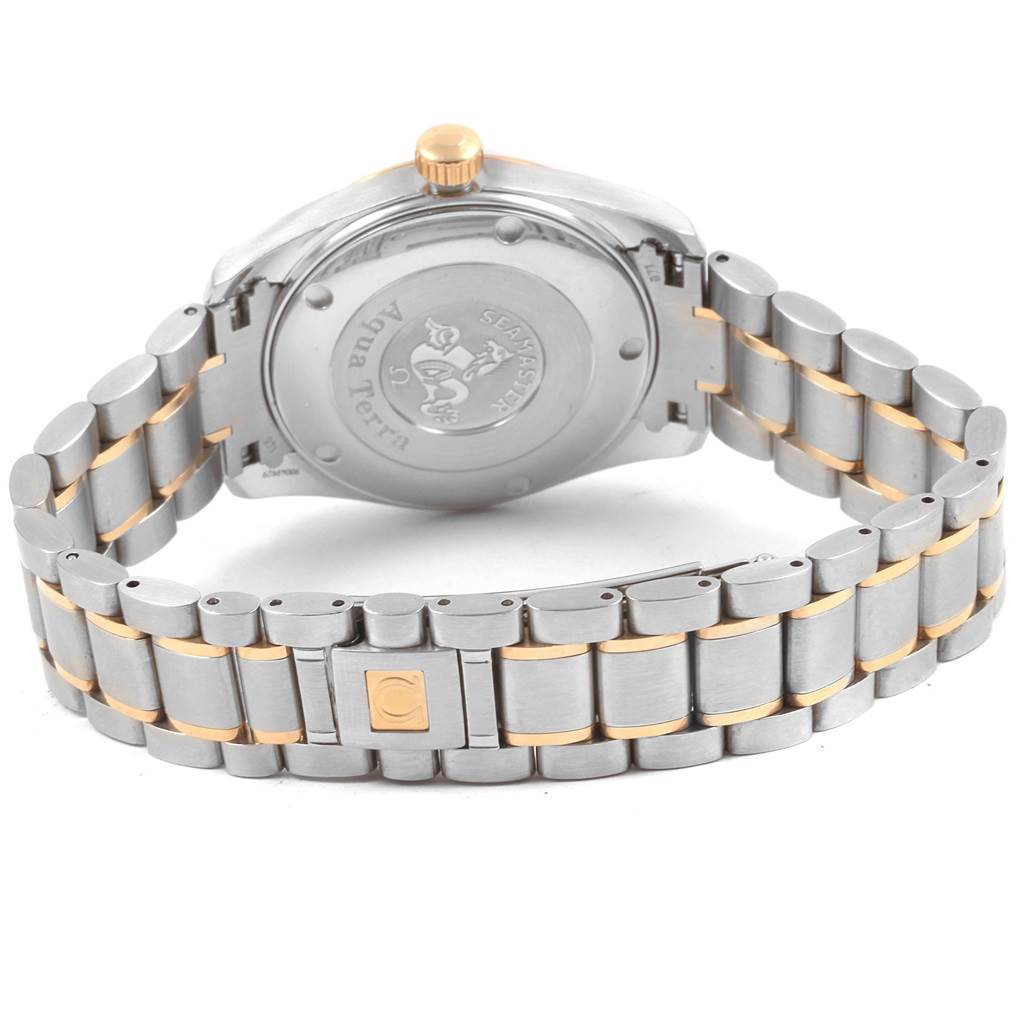 The image shows the back case and bracelet of an Omega Aqua Terra 2318.30.00 Men
s Steel and Gold (two tone) Silver Dial 2318.30.00 Men
s Steel and Gold (two tone) Silver Dial watch, featuring a two-tone metal design.