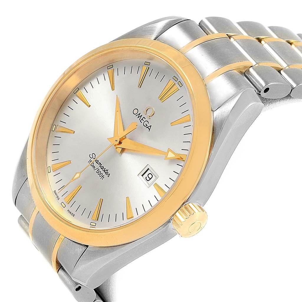 The image shows an angled view of an Omega Aqua Terra 2318.30.00 Men
s Steel and Gold (two tone) Silver Dial 2318.30.00 Men
s Steel and Gold (two tone) Silver Dial watch, highlighting its face, bezel, crown, and part of the bracelet.