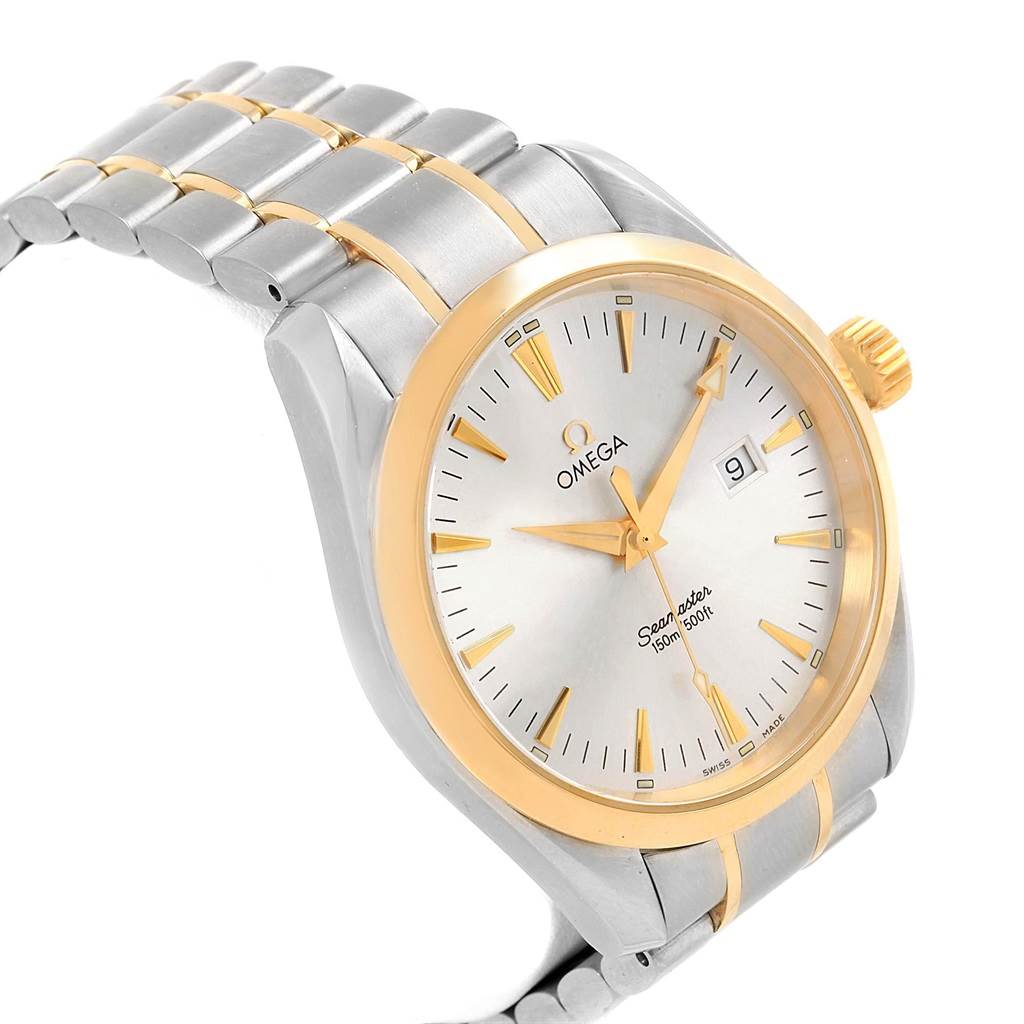 The Omega Aqua Terra 2318.30.00 Men
s Steel and Gold (two tone) Silver Dial 2318.30.00 Men
s Steel and Gold (two tone) Silver Dial model is shown from a front angle, displaying the watch face, bezel, hands, and part of the metal band.