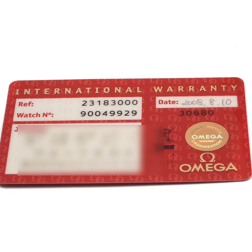 This image shows the International Warranty card for the Omega Aqua Terra 2318.30.00 Men
s Steel and Gold (two tone) Silver Dial 2318.30.00 Men
s Steel and Gold (two tone) Silver Dial model watch.