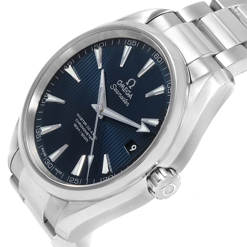 The image shows the face, bezel, crown, and part of the bracelet of the Omega Aqua Terra 231.10.42.21.03.003 Men
s Stainless Steel Blue Dial 231.10.42.21.03.003 Men
s Stainless Steel Blue Dial watch at a slight angle.