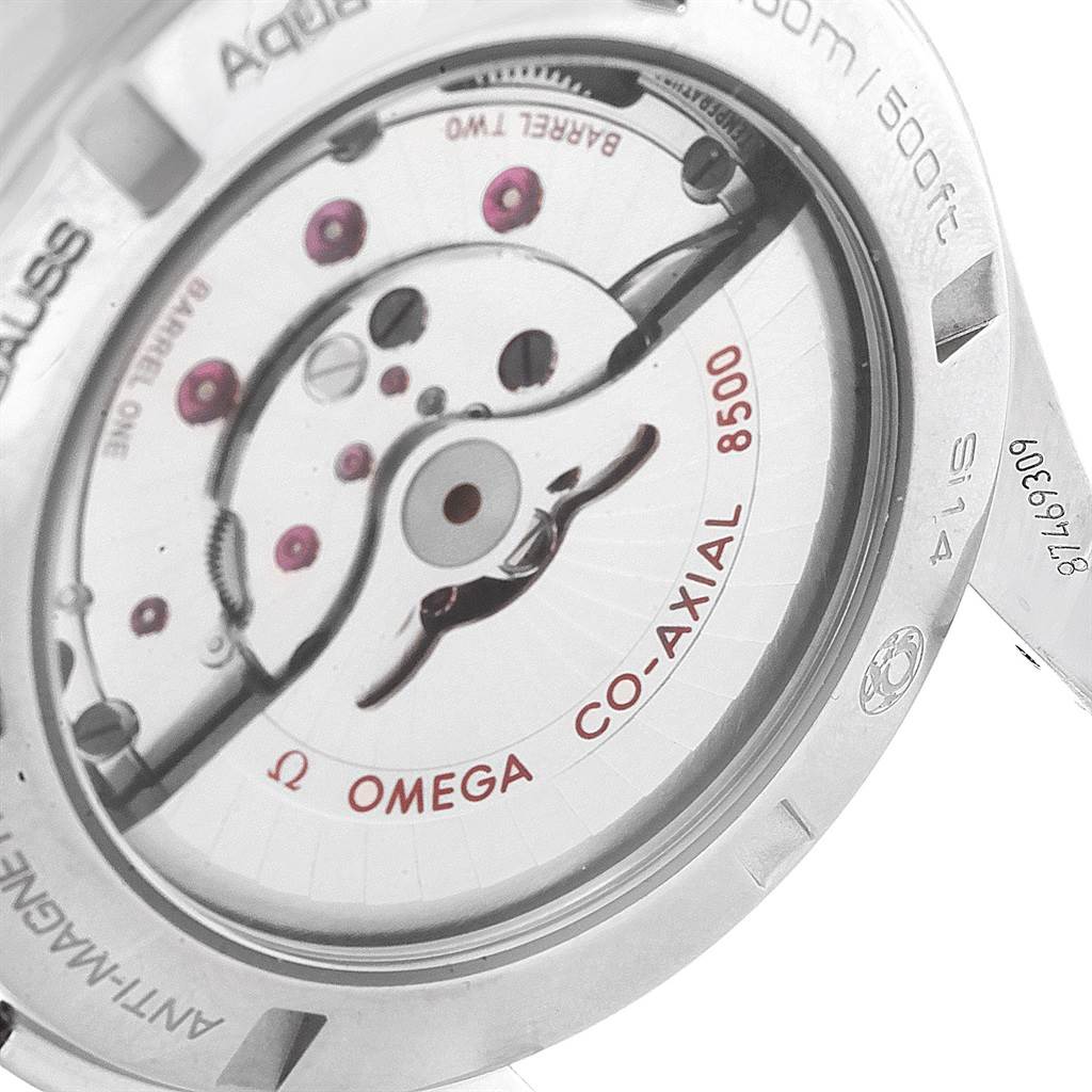 The image shows the back view of an Omega Aqua Terra 231.10.42.21.03.003 Men
s Stainless Steel Blue Dial 231.10.42.21.03.003 Men
s Stainless Steel Blue Dial watch, highlighting the Co-Axial 8500 movement.