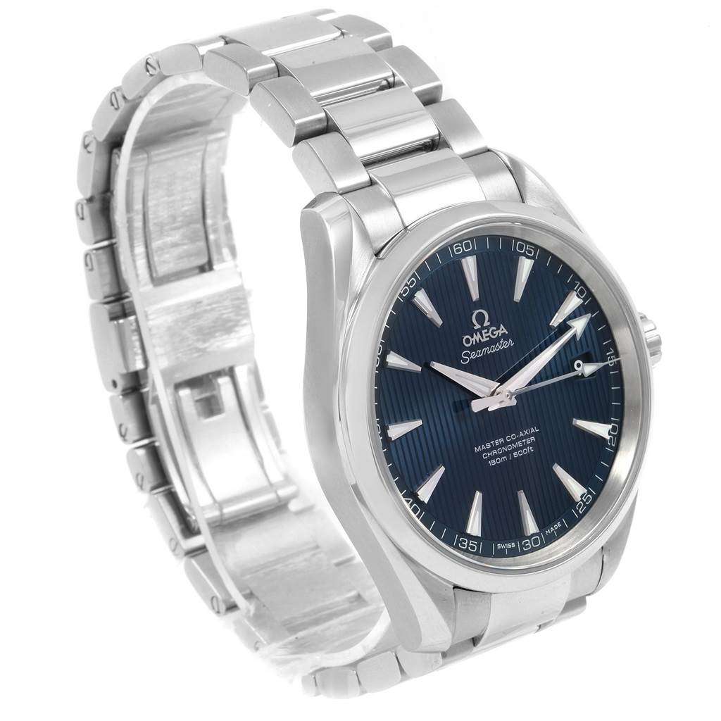 The image shows an Omega Aqua Terra 231.10.42.21.03.003 Men
s Stainless Steel Blue Dial 231.10.42.21.03.003 Men
s Stainless Steel Blue Dial watch from a three-quarter angle, highlighting the face, case, and metal bracelet.