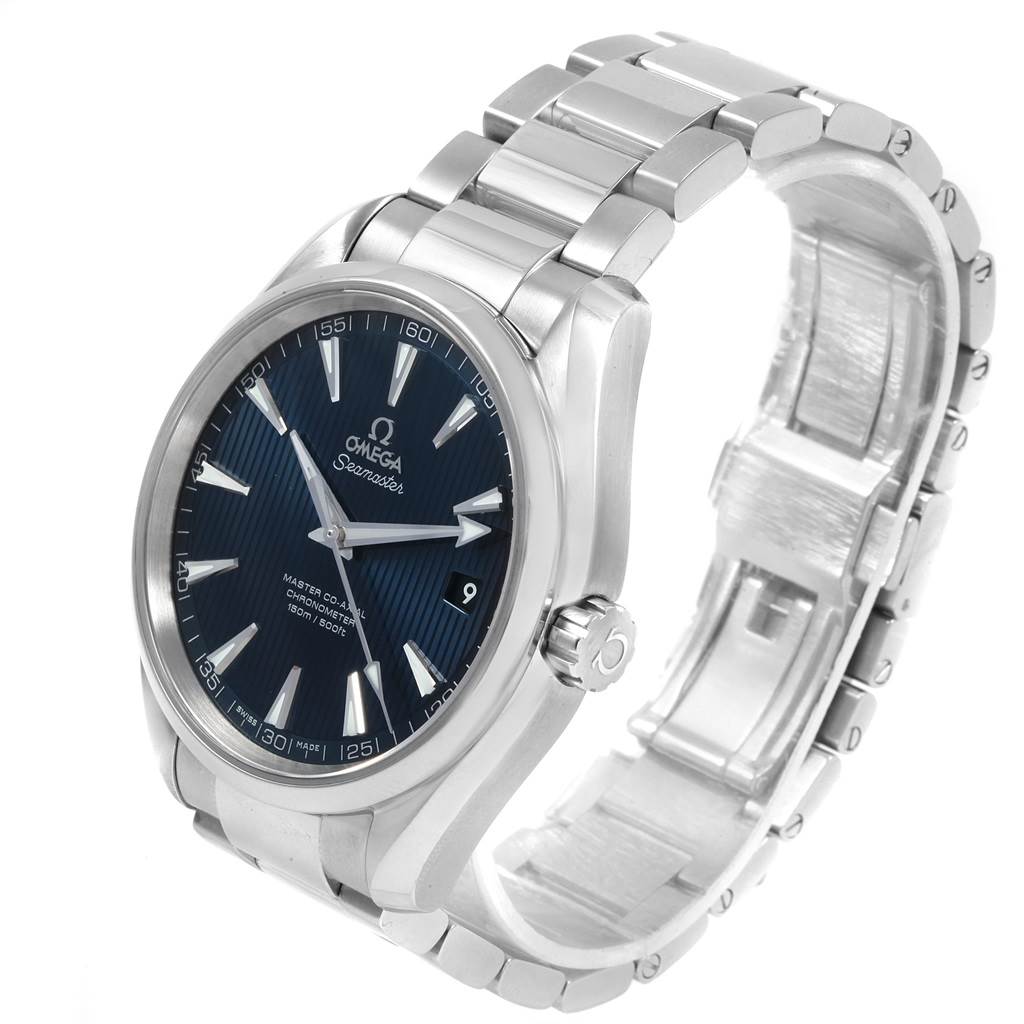 The Omega Aqua Terra 231.10.42.21.03.003 Men
s Stainless Steel Blue Dial 231.10.42.21.03.003 Men
s Stainless Steel Blue Dial watch is shown from an angled perspective highlighting its face, bezel, crown, and metal bracelet.