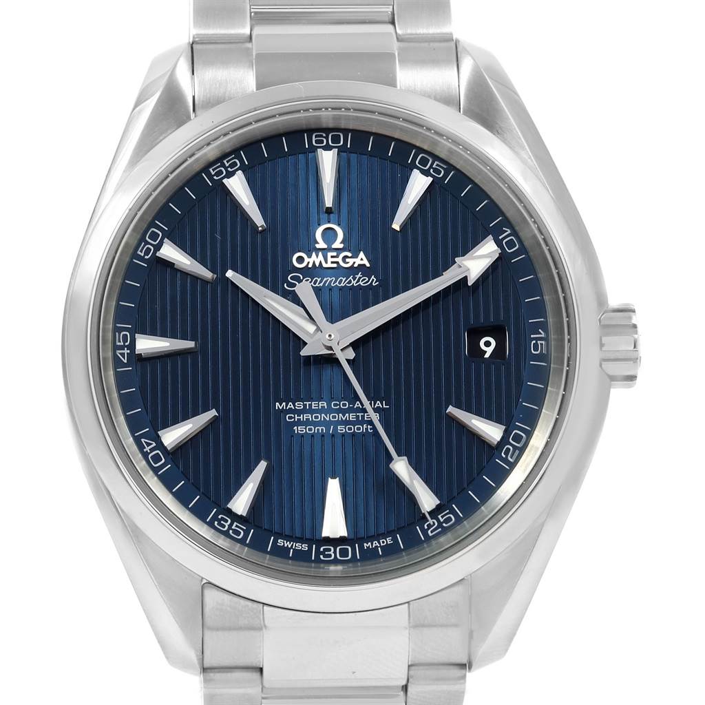 The image shows a close-up of the Omega Aqua Terra 231.10.42.21.03.003 Men
s Stainless Steel Blue Dial 231.10.42.21.03.003 Men
s Stainless Steel Blue Dial
s dial, hands, crown, and part of the stainless steel bracelet.