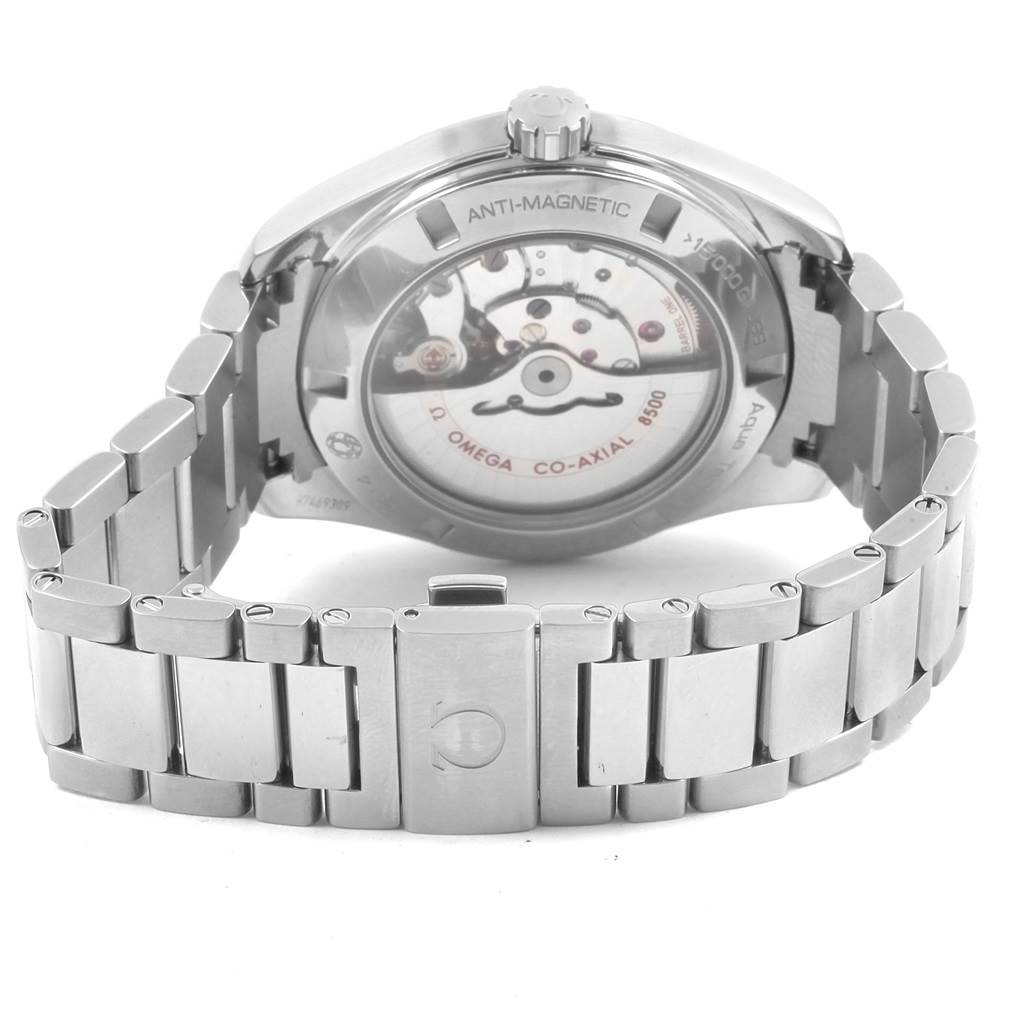 The image shows the back view of the Omega Aqua Terra 231.10.42.21.03.003 Men
s Stainless Steel Blue Dial 231.10.42.21.03.003 Men
s Stainless Steel Blue Dial watch, highlighting its anti-magnetic feature and co-axial movement, with its metal bracelet.