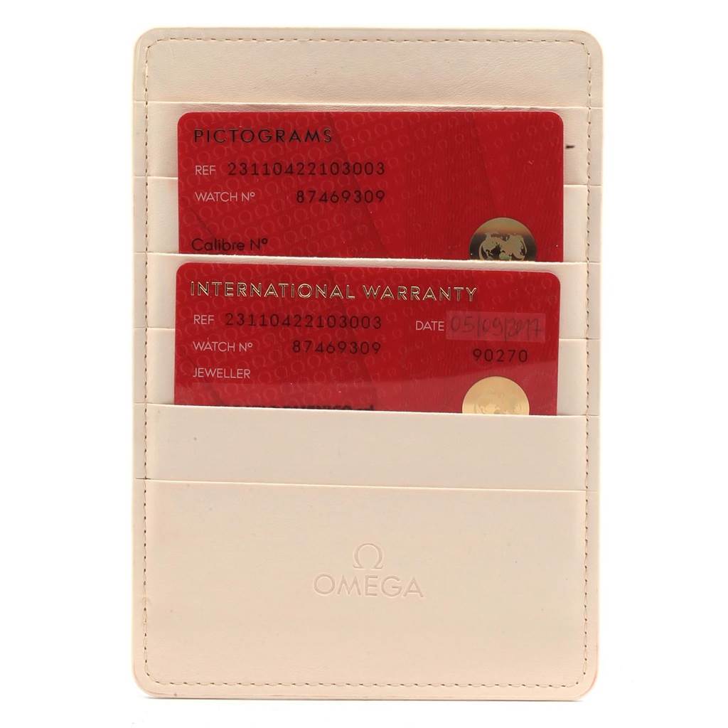 The image shows the warranty cards and holder for an Omega Aqua Terra 231.10.42.21.03.003 Men
s Stainless Steel Blue Dial 231.10.42.21.03.003 Men
s Stainless Steel Blue Dial model.