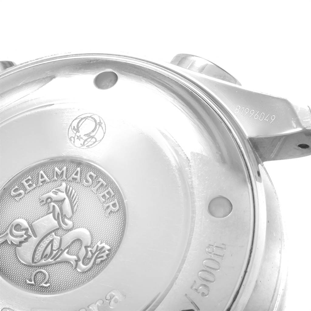 The image shows the back case of an Omega Aqua Terra 2513.30.00 Men
s Stainless Steel Silver Dial 2513.30.00 Men
s Stainless Steel Silver Dial watch, displaying the Seamaster logo and water resistance details.