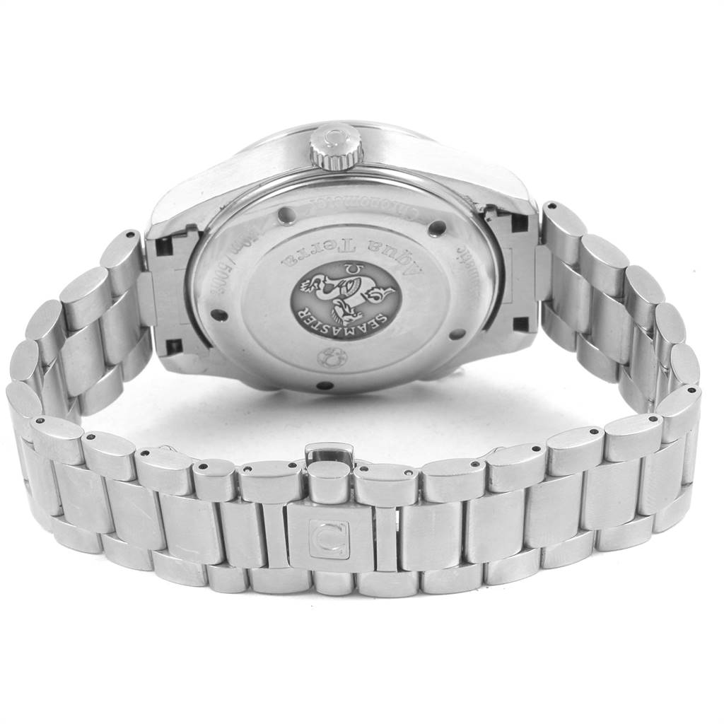 The image shows the back view of an Omega Aqua Terra 2513.30.00 Men
s Stainless Steel Silver Dial 2513.30.00 Men
s Stainless Steel Silver Dial watch, highlighting the case back, crown, and metal bracelet.