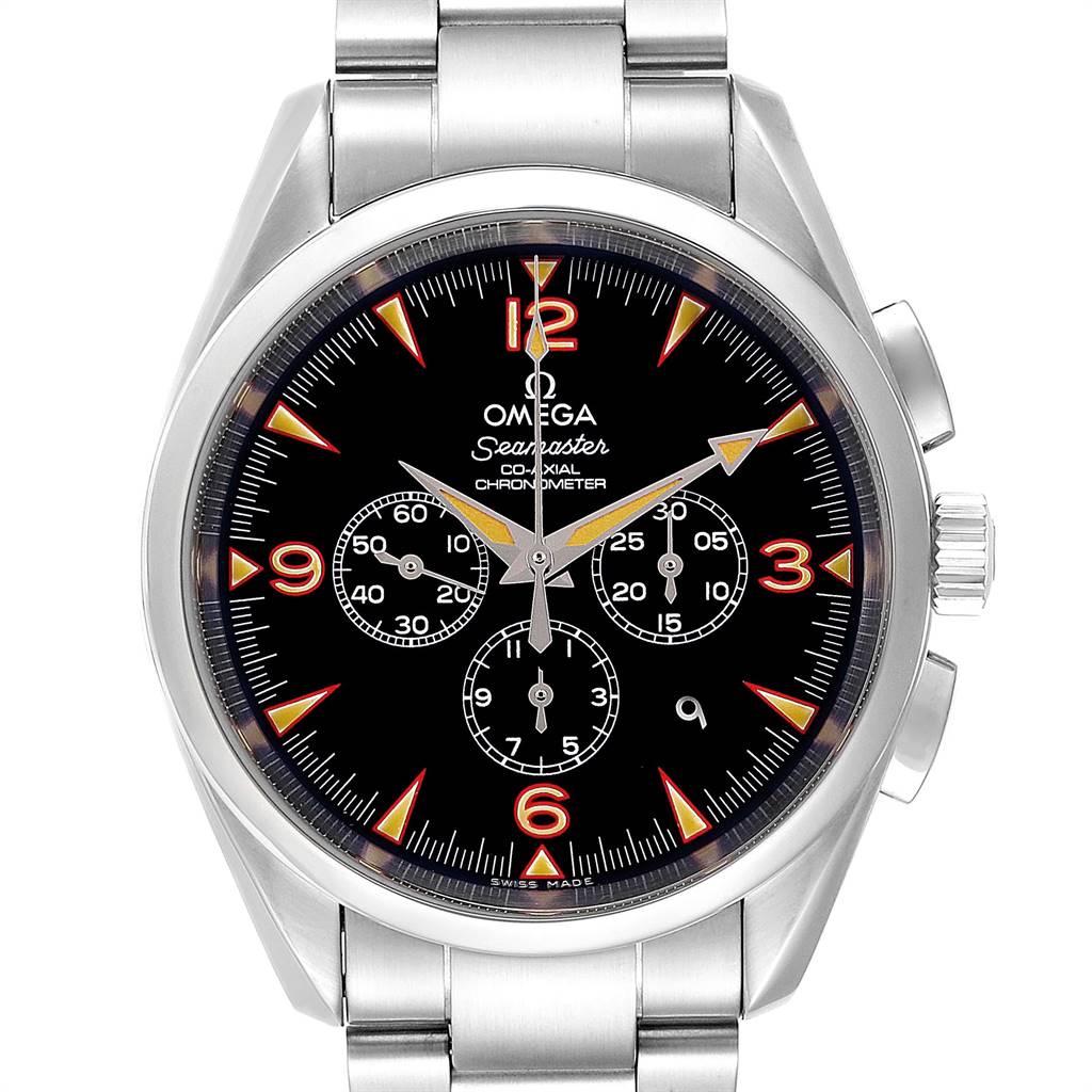 The image shows a frontal view of an Omega Seamaster Aqua Terra watch, highlighting its dial, subdials, and stainless steel bracelet.