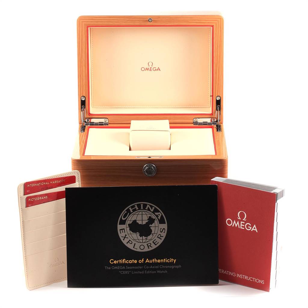 The image shows the open box, certificate of authenticity, warranty card, and manual for the Omega Aqua Terra 2512.54.00 Men's Stainless Steel Black Dial 2512.54.00 Men's Stainless Steel Black Dial model.