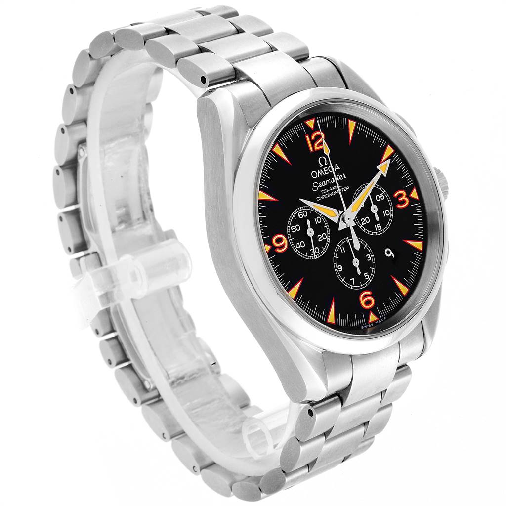 The Omega Aqua Terra 2512.54.00 Men's Stainless Steel Black Dial 2512.54.00 Men's Stainless Steel Black Dial watch is shown at a slight side angle, displaying its stainless steel bracelet and black dial with chronograph sub-dials.