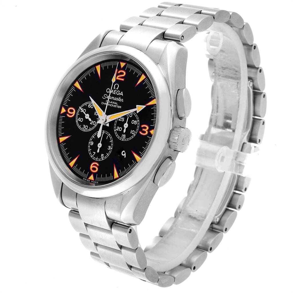 The Omega Aqua Terra 2512.54.00 Men's Stainless Steel Black Dial 2512.54.00 Men's Stainless Steel Black Dial watch is shown at a three-quarter angle, highlighting the face, bezel, and metal bracelet.