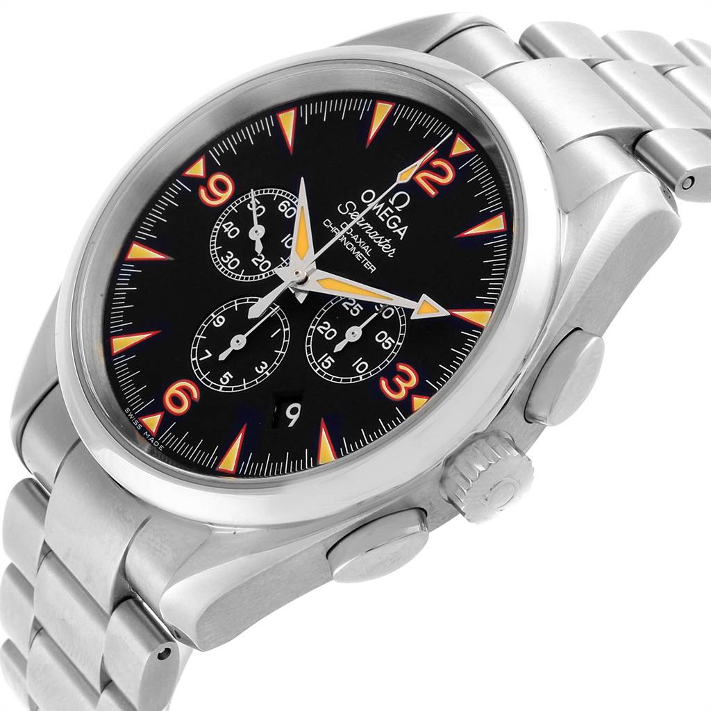 The image shows an Omega Aqua Terra 2512.54.00 Men's Stainless Steel Black Dial 2512.54.00 Men's Stainless Steel Black Dial watch from a three-quarter angle, highlighting its face, bezel, crown, and bracelet.