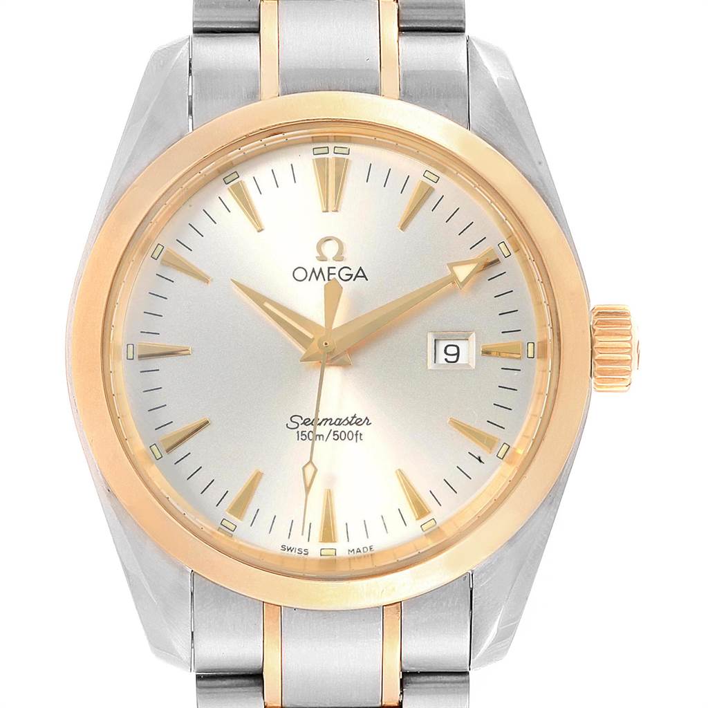 This image shows a frontal view of the Omega Aqua Terra 2317.30.00 Men
s Steel and Gold (two tone) Silver Dial 2317.30.00 Men
s Steel and Gold (two tone) Silver Dial watch, highlighting the face, case, bezel, and part of the bracelet.