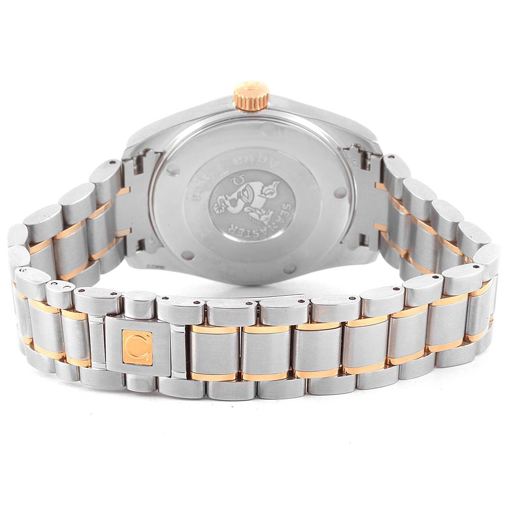 The image shows the back case and bracelet of an Omega Aqua Terra 2317.30.00 Men
s Steel and Gold (two tone) Silver Dial 2317.30.00 Men
s Steel and Gold (two tone) Silver Dial watch from a rear angle.