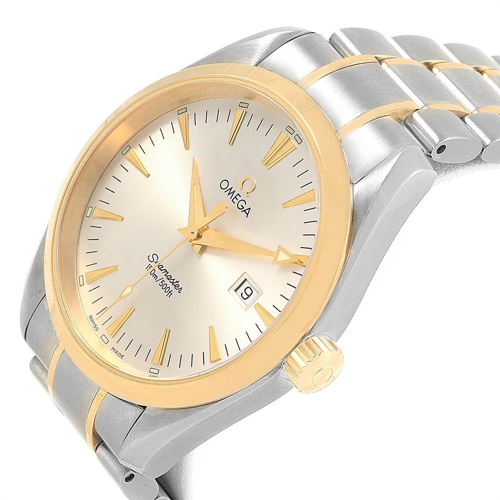 The image shows a close-up angle of the Omega Aqua Terra 2317.30.00 Men
s Steel and Gold (two tone) Silver Dial 2317.30.00 Men
s Steel and Gold (two tone) Silver Dial watch, highlighting the bezel, face, crown, and part of the bracelet.