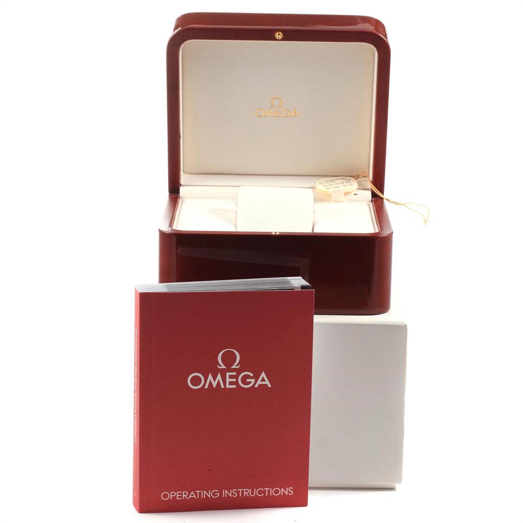 The image shows an Omega Aqua Terra 2317.30.00 Men
s Steel and Gold (two tone) Silver Dial 2317.30.00 Men
s Steel and Gold (two tone) Silver Dial watch box, tag, and operating instructions manual.