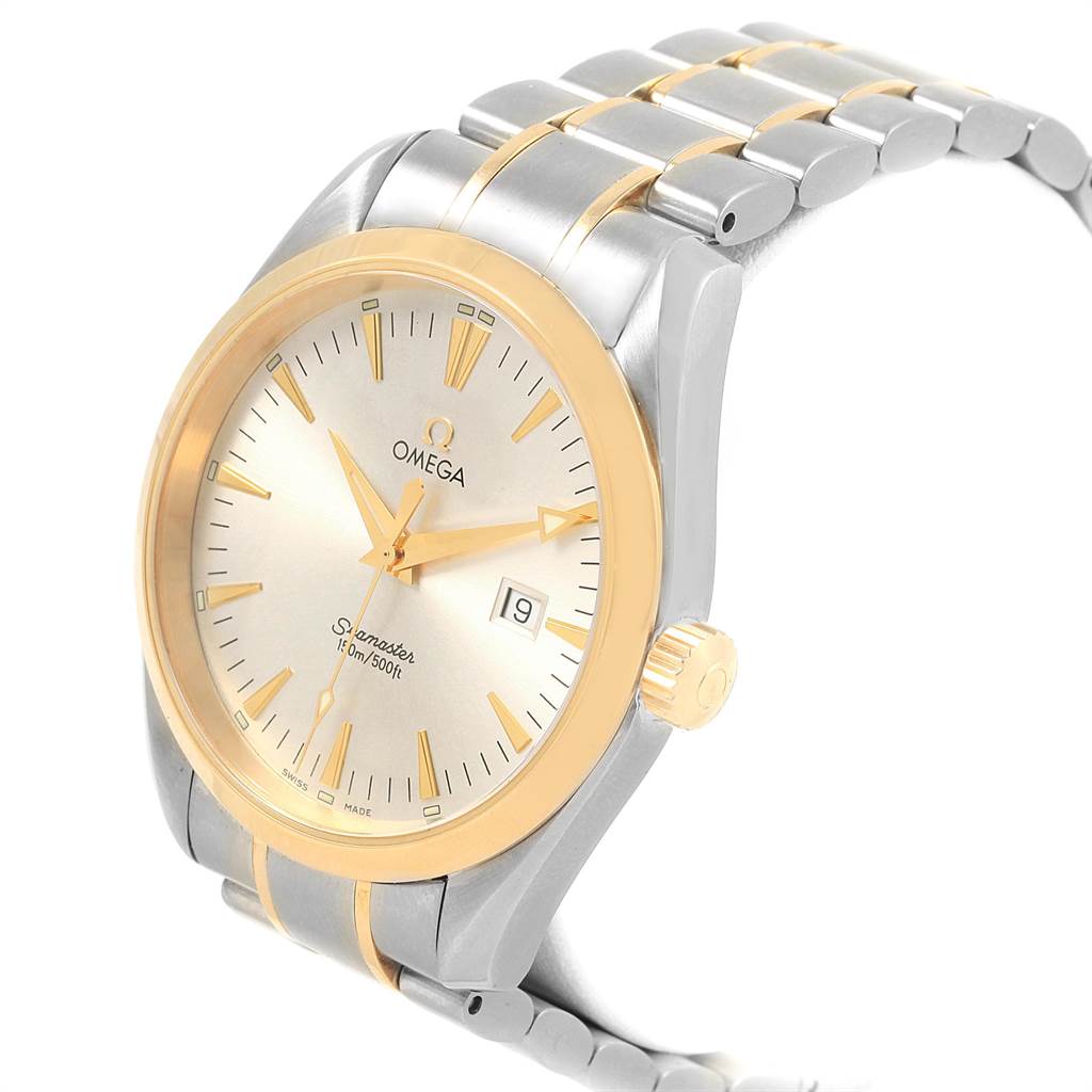 This image shows an Omega Aqua Terra 2317.30.00 Men
s Steel and Gold (two tone) Silver Dial 2317.30.00 Men
s Steel and Gold (two tone) Silver Dial watch at a tilted angle, highlighting the face, bezel, crown, and part of the bracelet.