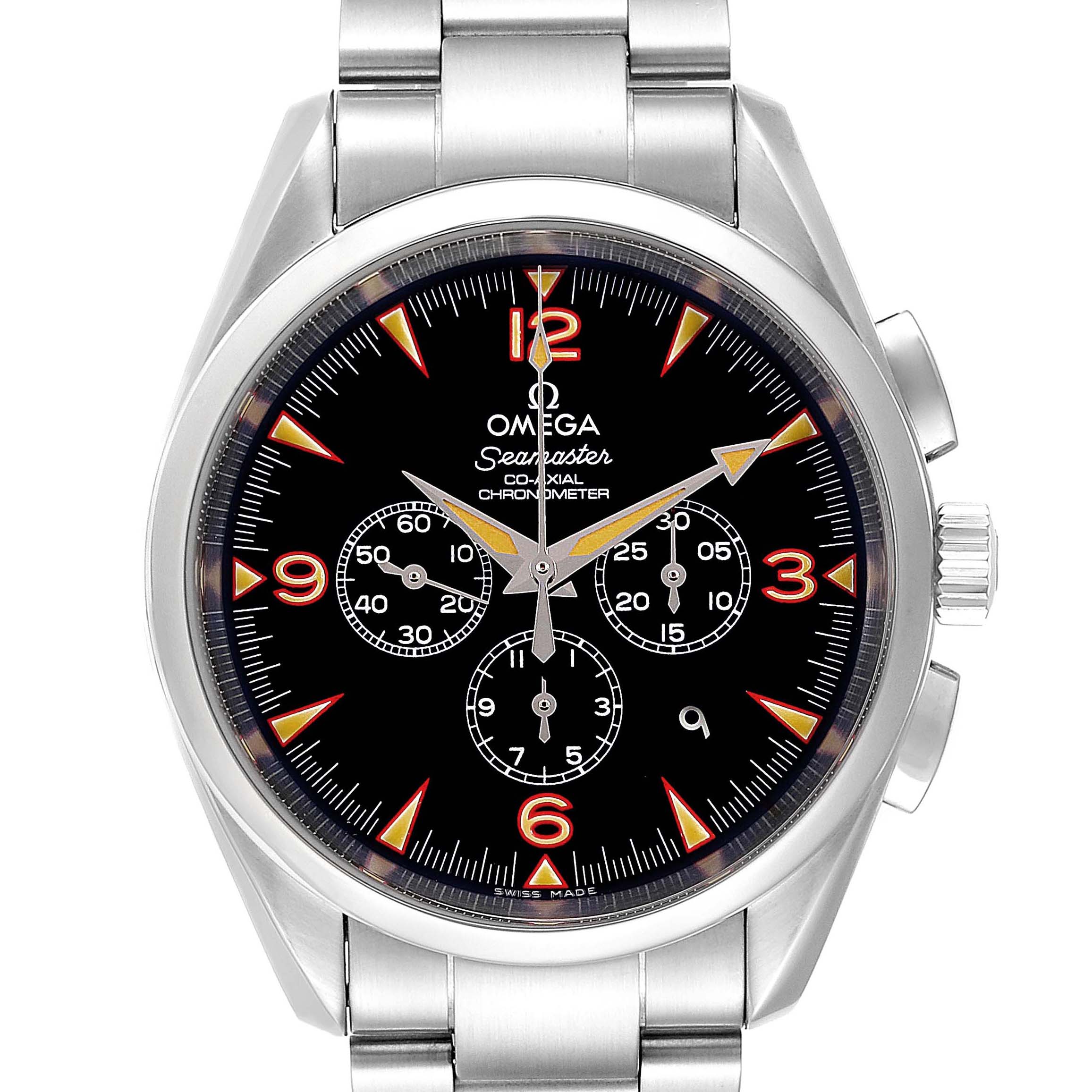This image shows a front view of the Omega Aqua Terra 2512.54.00 Men's Stainless Steel Black Dial 2512.54.00 Men's Stainless Steel Black Dial model watch, displaying its dial, chronograph functions, and stainless steel bracelet.