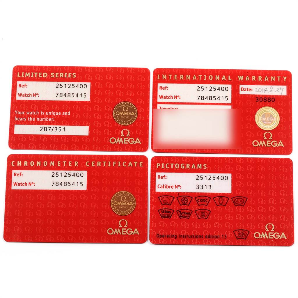 The image shows warranty and certification cards for an Omega Aqua Terra 2512.54.00 Men's Stainless Steel Black Dial 2512.54.00 Men's Stainless Steel Black Dial watch, including limited series, chronometer, and pictogram details.