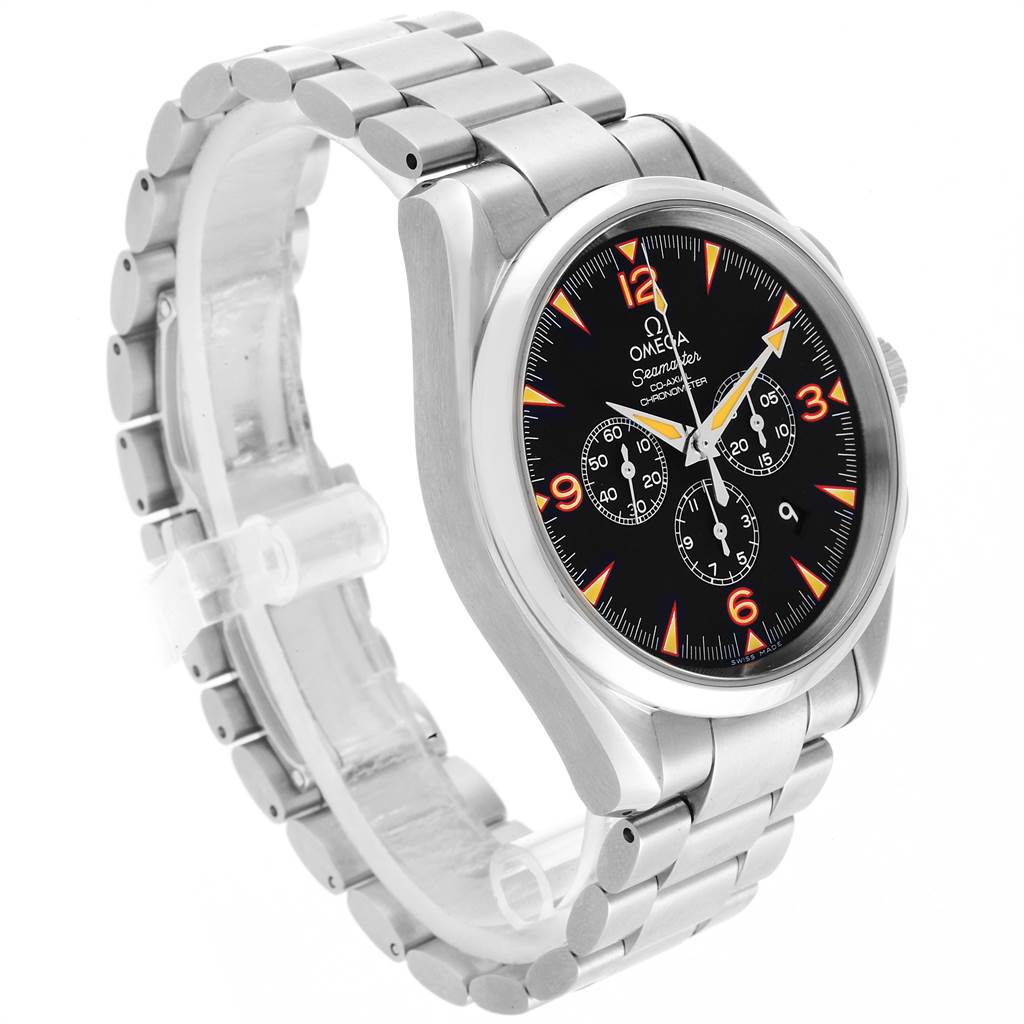 The Omega Aqua Terra 2512.54.00 Men's Stainless Steel Black Dial 2512.54.00 Men's Stainless Steel Black Dial watch is shown at a three-quarter angle, highlighting the stainless steel bracelet and black dial with orange accents.