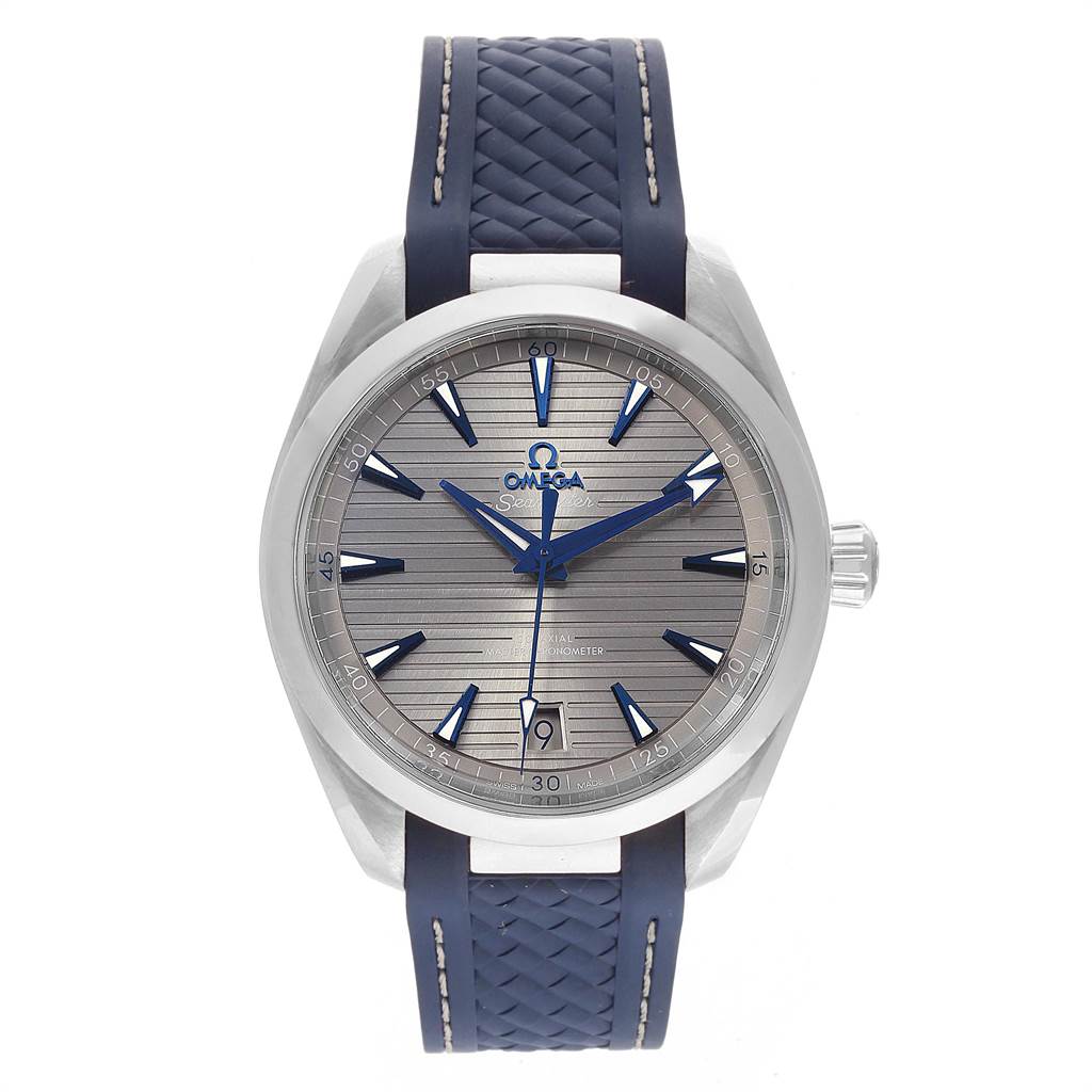 This image shows a front view of the Omega Aqua Terra 220.12.41.21.06.001 Men's Stainless Steel Grey Dial 220.12.41.21.06.001 Men's Stainless Steel Grey Dial watch, displaying its dial, hands, and blue strap.