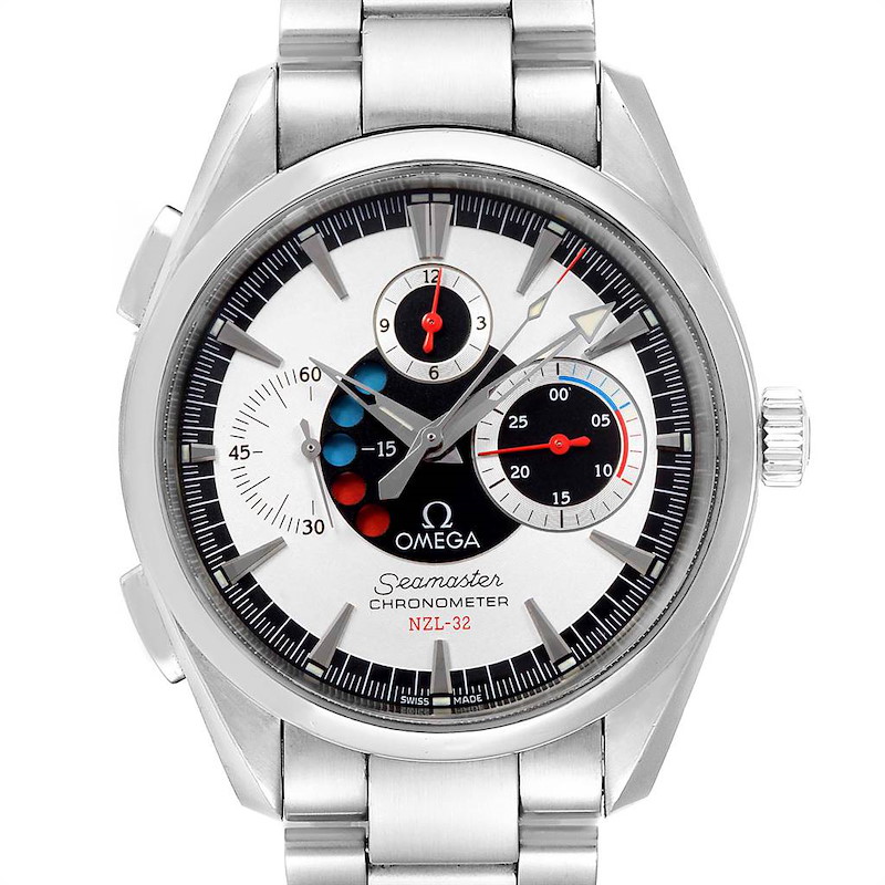 The image shows a front view of the Omega Seamaster Aqua Terra Chronometer NZL-32 watch, highlighting its dial and stainless steel bracelet.