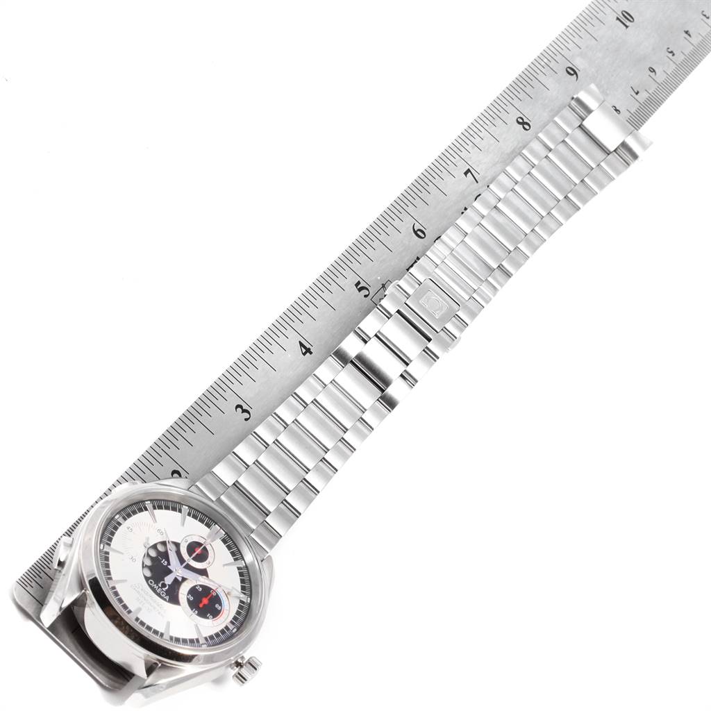 The image shows an Omega Aqua Terra 2513.30.00 Men's Stainless Steel Silver Dial 2513.30.00 Men's Stainless Steel Silver Dial watch laid flat, partially measured with a ruler, displaying the face, bracelet, and clasp.
