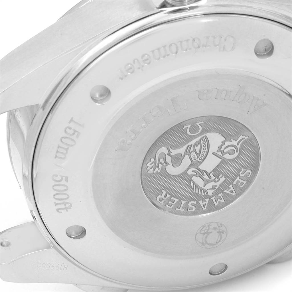 This image shows the back case of an Omega Aqua Terra 2513.30.00 Men's Stainless Steel Silver Dial 2513.30.00 Men's Stainless Steel Silver Dial watch, featuring the brand logo and water resistance details.