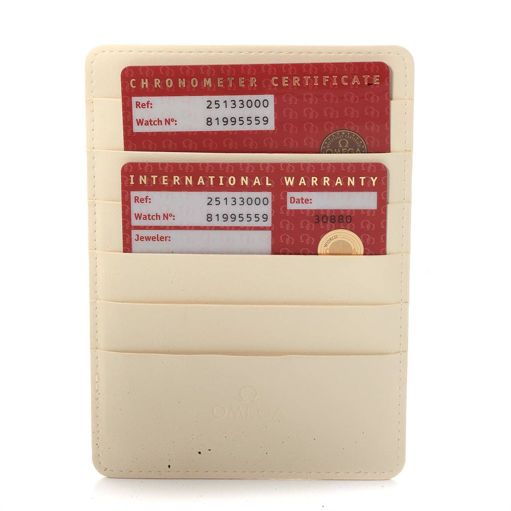 The image shows the warranty and chronometer certificate cards for the Omega Aqua Terra 2513.30.00 Men's Stainless Steel Silver Dial 2513.30.00 Men's Stainless Steel Silver Dial model, in a beige holder.