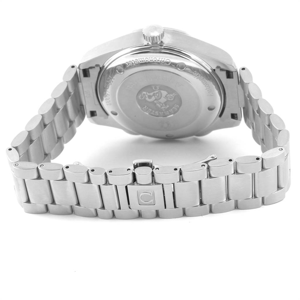 The image shows the back view of the Omega Aqua Terra 2513.30.00 Men's Stainless Steel Silver Dial 2513.30.00 Men's Stainless Steel Silver Dial watch, highlighting the case back and partially opened metal bracelet.