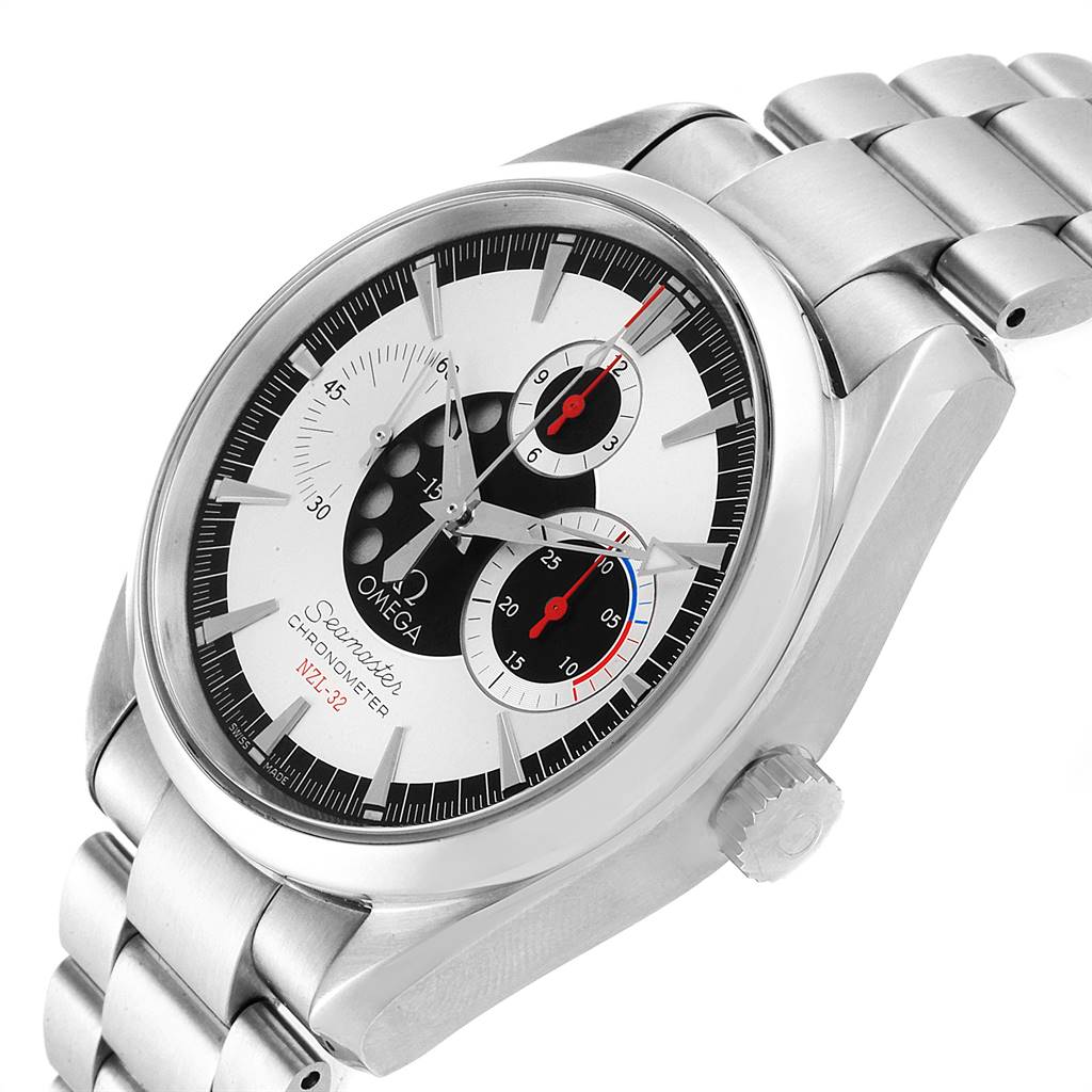 The image shows an Omega Aqua Terra 2513.30.00 Men's Stainless Steel Silver Dial 2513.30.00 Men's Stainless Steel Silver Dial watch at an angled top-side view, highlighting the dial face, chronograph subdials, and metal bracelet.