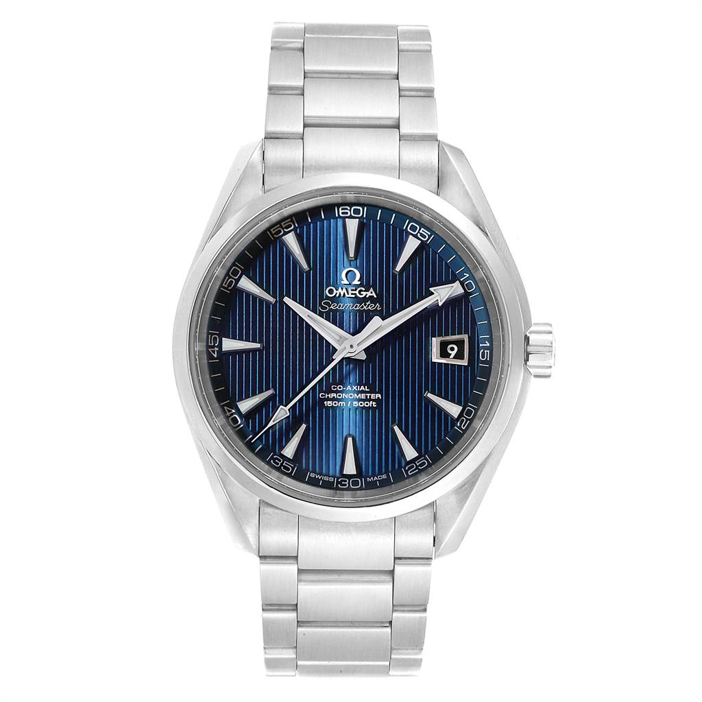 The image shows a front view of an Omega Aqua Terra 231.10.42.21.03.001 Men
s Stainless Steel Silver Dial 231.10.42.21.03.001 Men
s Stainless Steel Silver Dial watch featuring a blue dial and stainless steel bracelet.