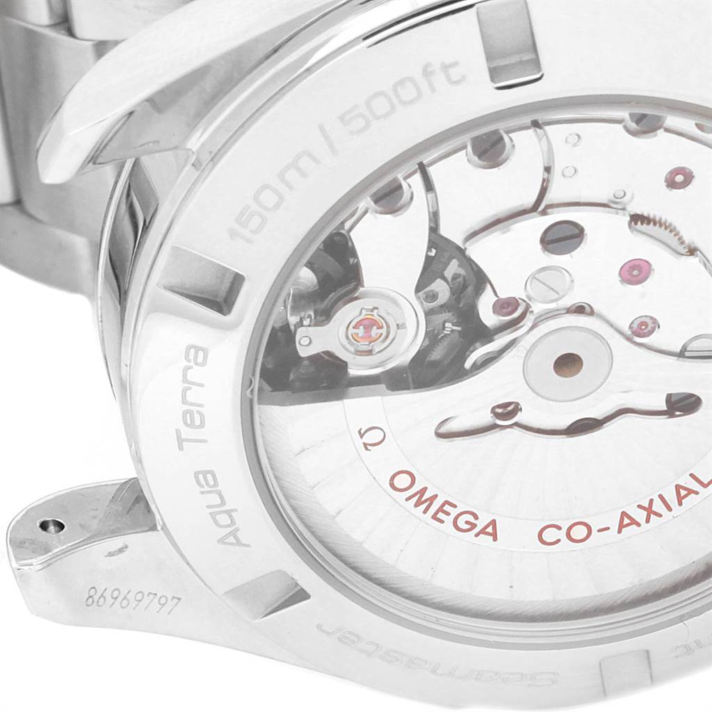 The image shows the back view of an Omega Aqua Terra 231.10.42.21.03.001 Men
s Stainless Steel Silver Dial 231.10.42.21.03.001 Men
s Stainless Steel Silver Dial watch, highlighting the Co-Axial movement and branding.